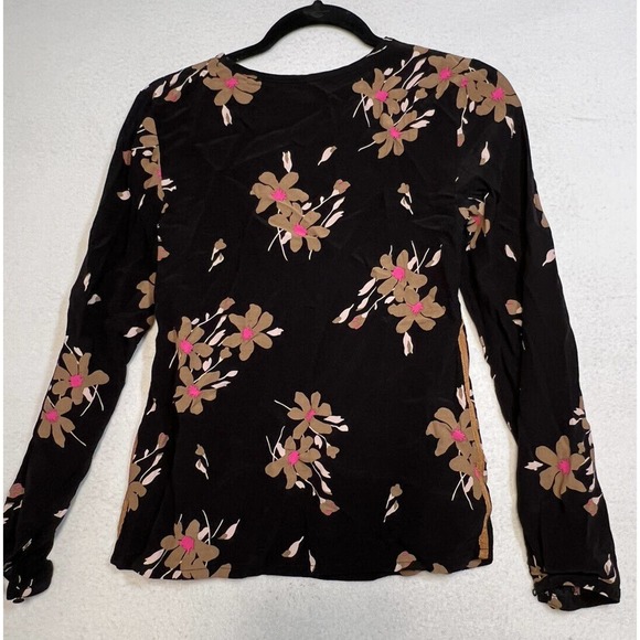 BODEN Women Top Size 4 Black Brown Pink Floral Keyhole Blouse Long Sleeve - Picture 2 of 9